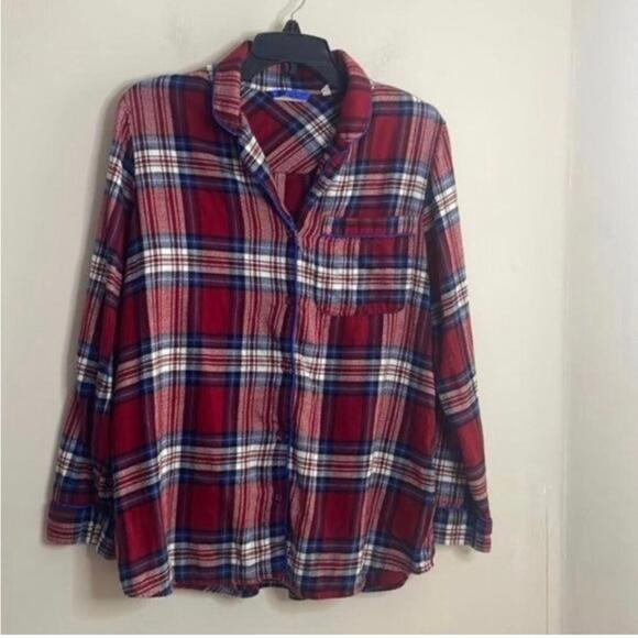 Soft surroundings, red and blue plaid button up pajama top cotton blend - Picture 1 of 9